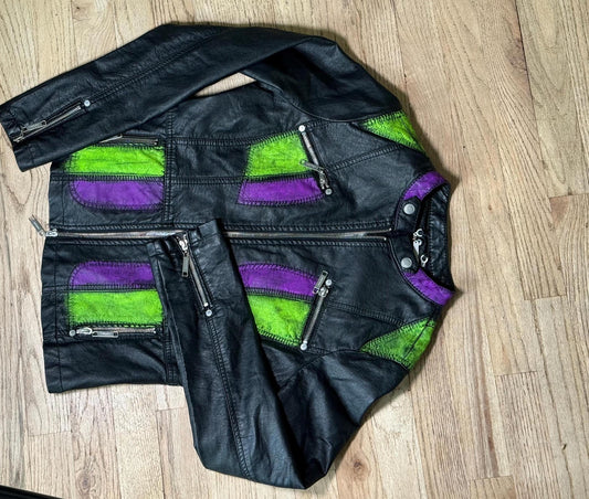 Black Faux Leather Jou Jou Refashion Upcycle Jacket Size Medium Neon Green Neon Purple UV Reactive Wax Hand Altered Clothes