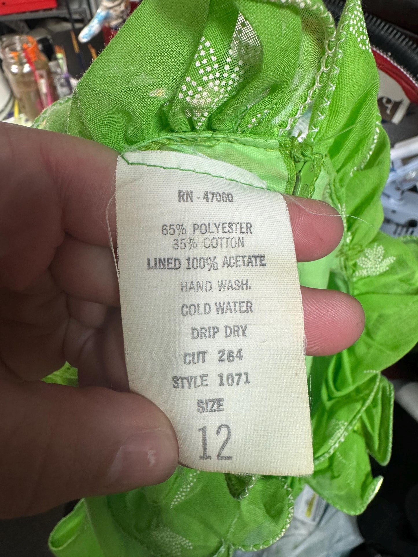 Vibrant Lime Green Full Length Dress White Embroidered Flowers Ruffles Around Collar and Front Spring Wedding Vintage Circa 1960’s 1970’s