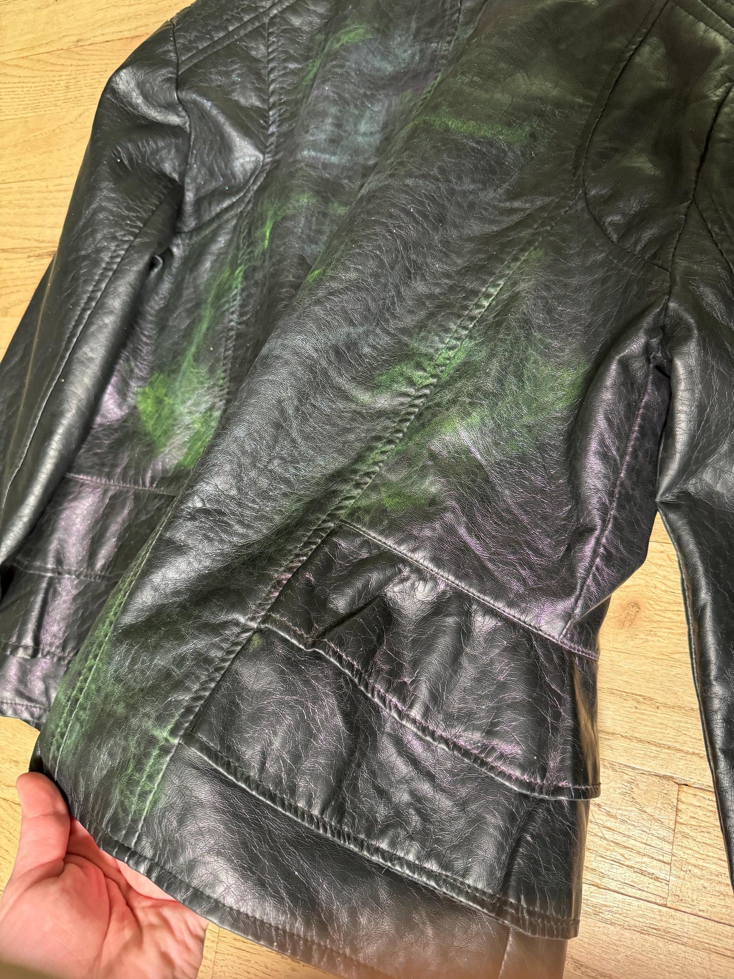 Dollhouse Women’s US size Small Black Faux Leather Jacket Refashion Upcycle With MultiCromatic Color Shifting Waxes and Side Ruffles