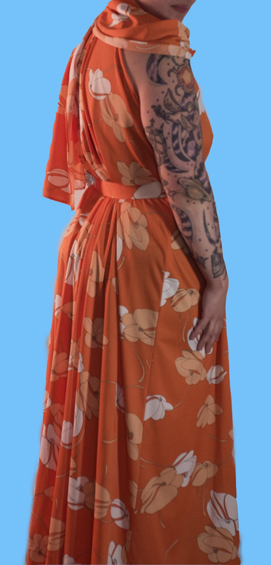 Vibrant Vintage Orange Maxi Dress With White and Peach Floral Pattern Matching Belt And Floor Length Scarf High Collar Zipped Back