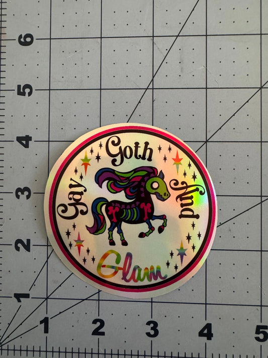 Gay Goth and Glam Sticker – Rainbow Skeleton Horse Vinyl Decal Holographic or Classic White