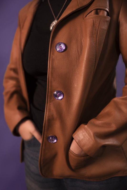 Val Vintage Brown Leather Jacket – Hand-Painted Gothic Skull Floral Design | Statement Piece