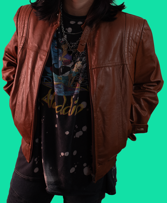 Hand-Painted Vintage Brown Leather Jacket Carly Collection – Surreal Female Dreamscape Artwork | One-of-a-Kind Wearable Art