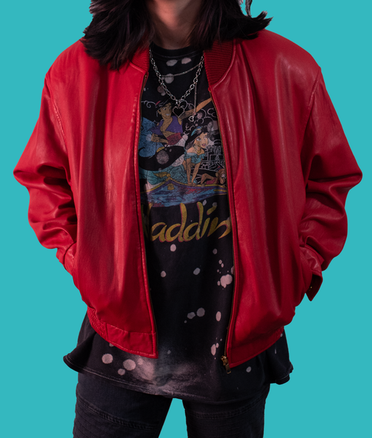 Vintage Red Leather Bomber Jacket Tasty Collection – Hand-Painted Psychedelic Tongue Design | One-of-a-Kind