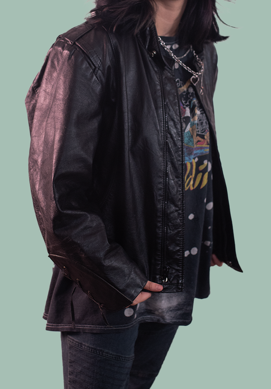 Vintage Black Leather Jacket Syd Collection – Hand-Painted Skull Peacock Feather Punk Design | One-of-a-Kind