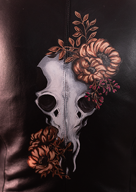 Hand-Painted Black Leather Jacket Nessa Collection – Steer Skull With Floral Artwork One-of-a-Kind Statement Piece
