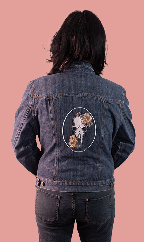 Vintage Denim Jacket Nessa Collection – Embroidered Steer Skull Floral Design | One-of-a-Kind