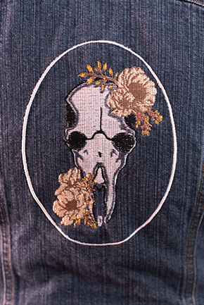 Vintage Denim Jacket Nessa Collection – Embroidered Steer Skull Floral Design | One-of-a-Kind