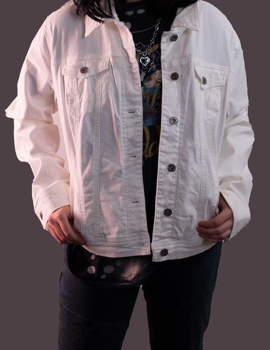 White Denim Jacket Carly Collection– Embroidered Surrealist Cup Cloud Design | One-of-a-Kind Wearable Art