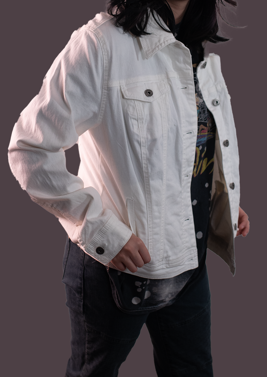 White Denim Jacket Carly Collection– Embroidered Surrealist Cup Cloud Design | One-of-a-Kind Wearable Art