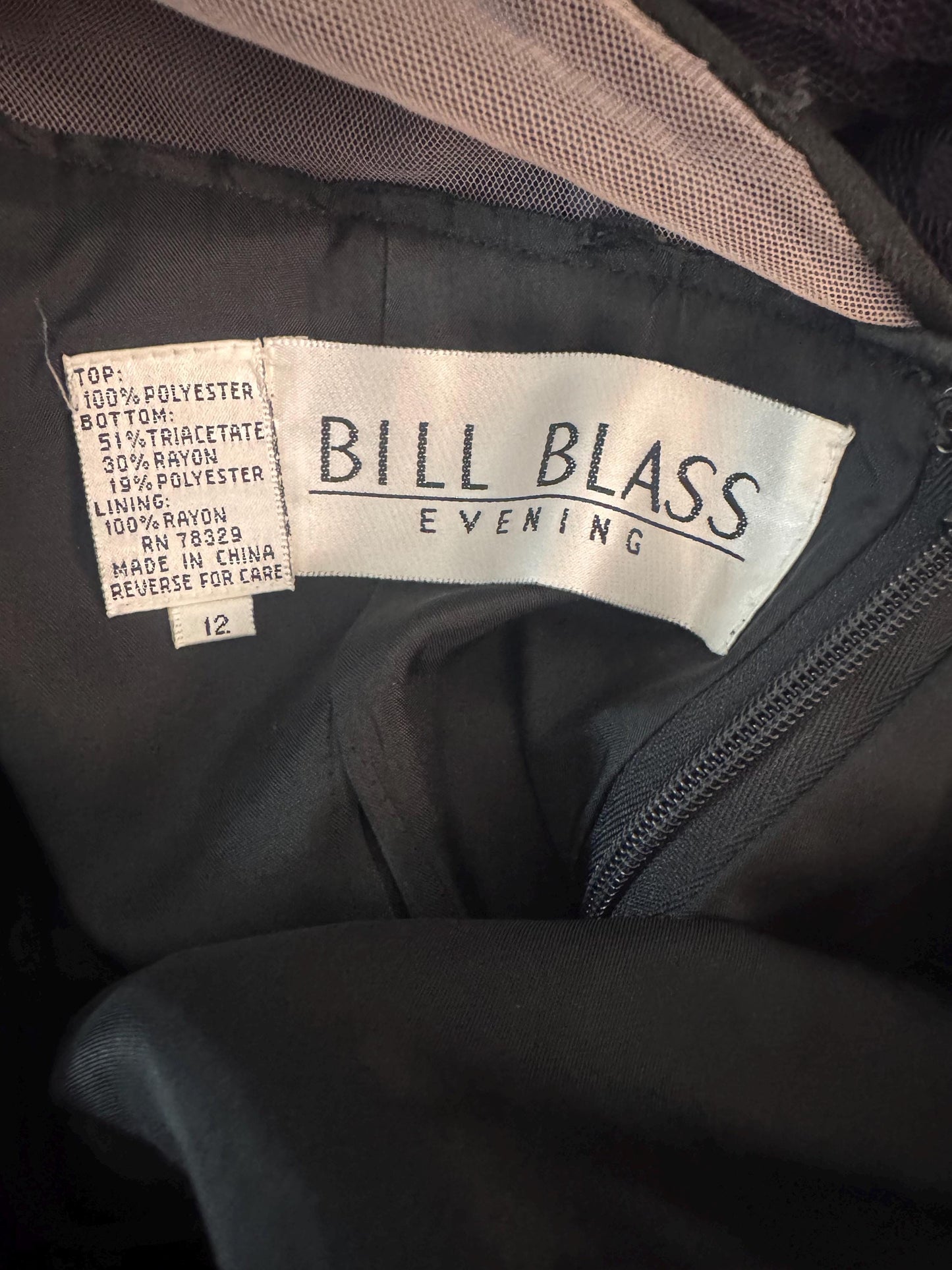 Bill Blass Black Evening Dress Sheer Polka Dot Sleeves Fringe Detail Sequin Accents Cocktail Black Skirt Knee Length Vintage Size 12