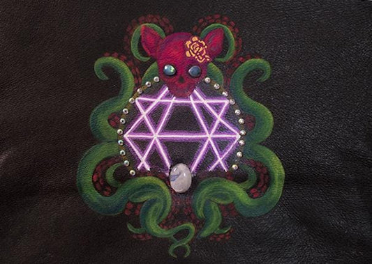 One of a Kind Vintage Upcycled Thrifted Genuine Black Leather Briefcase Laser Scored Hand Painted Cat Skull Moonstone Tentacles Opals