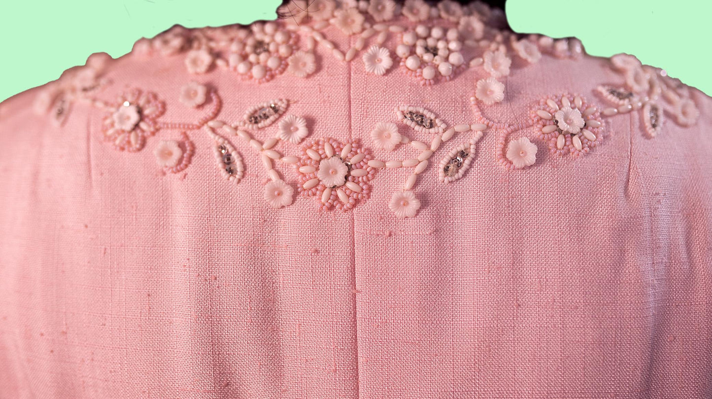 Victoria Royal Limited Pink Hand Beaded Dress RARE Circa 1960’s-1970’s Mid Length Front Zipper Size 12