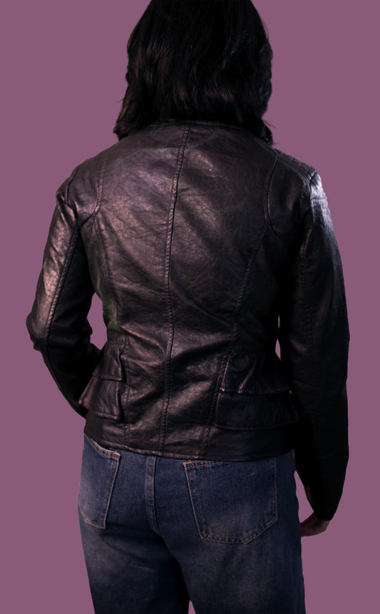 Dollhouse Women’s US size Small Black Faux Leather Jacket Refashion Upcycle With MultiCromatic Color Shifting Waxes and Side Ruffles