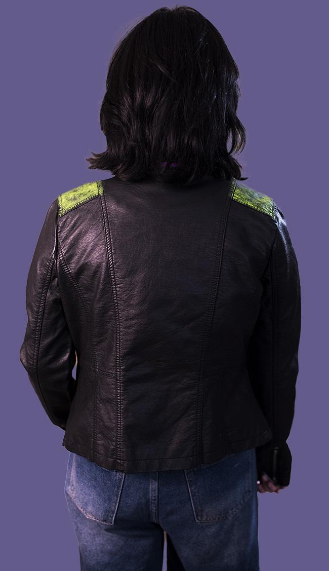 Black Faux Leather Jou Jou Refashion Upcycle Jacket Size Medium Neon Green Neon Purple UV Reactive Wax Hand Altered Clothes