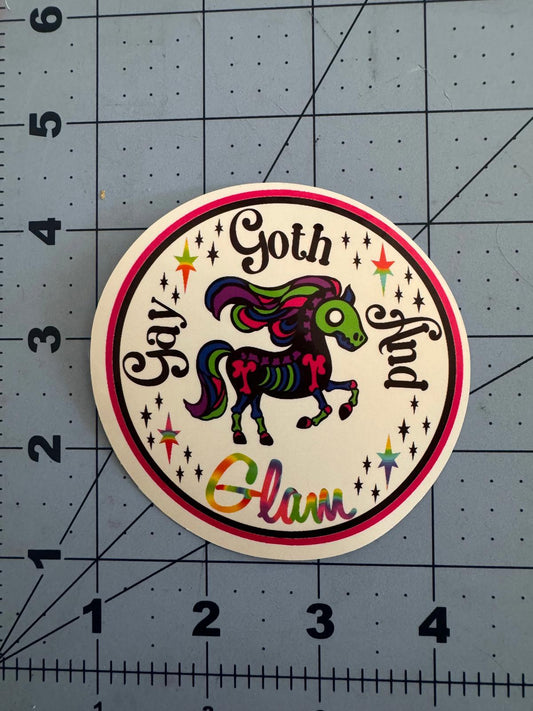 Gay Goth and Glam Sticker – Rainbow Skeleton Horse Vinyl Decal Holographic or Classic White