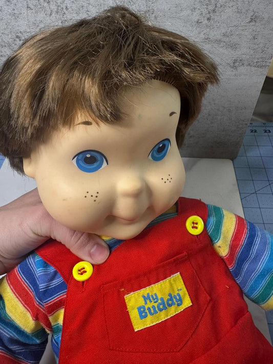 Vintage 1980s My Buddy Doll – Classic Red Overalls u0026 Rainbow Shirt