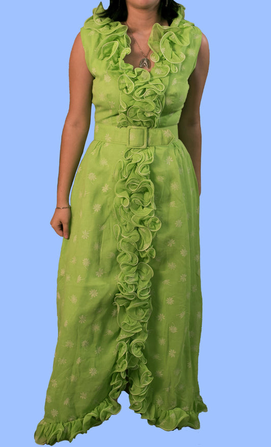 Vibrant Lime Green Full Length Dress White Embroidered Flowers Ruffles Around Collar and Front Spring Wedding Vintage Circa 1960’s 1970’s
