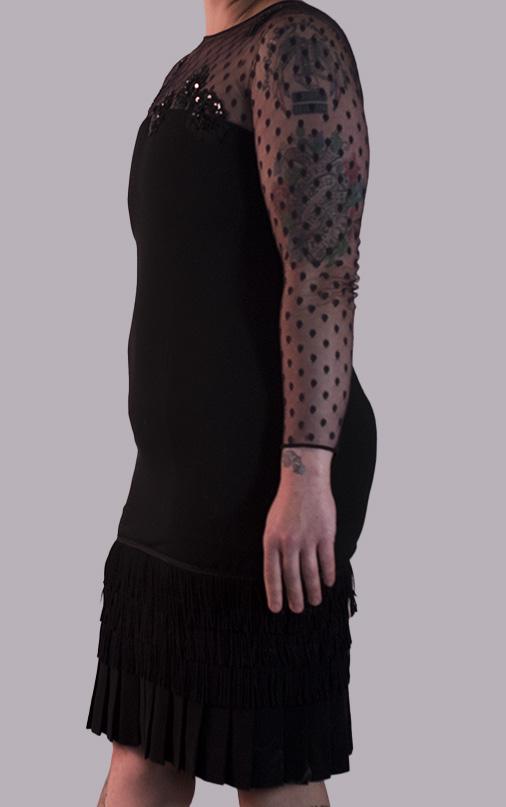 Bill Blass Black Evening Dress Sheer Polka Dot Sleeves Fringe Detail Sequin Accents Cocktail Black Skirt Knee Length Vintage Size 12