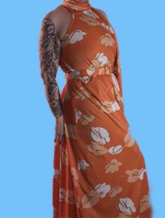 Vibrant Vintage Orange Maxi Dress With White and Peach Floral Pattern Matching Belt And Floor Length Scarf High Collar Zipped Back