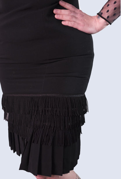 Bill Blass Black Evening Dress Sheer Polka Dot Sleeves Fringe Detail Sequin Accents Cocktail Black Skirt Knee Length Vintage Size 12