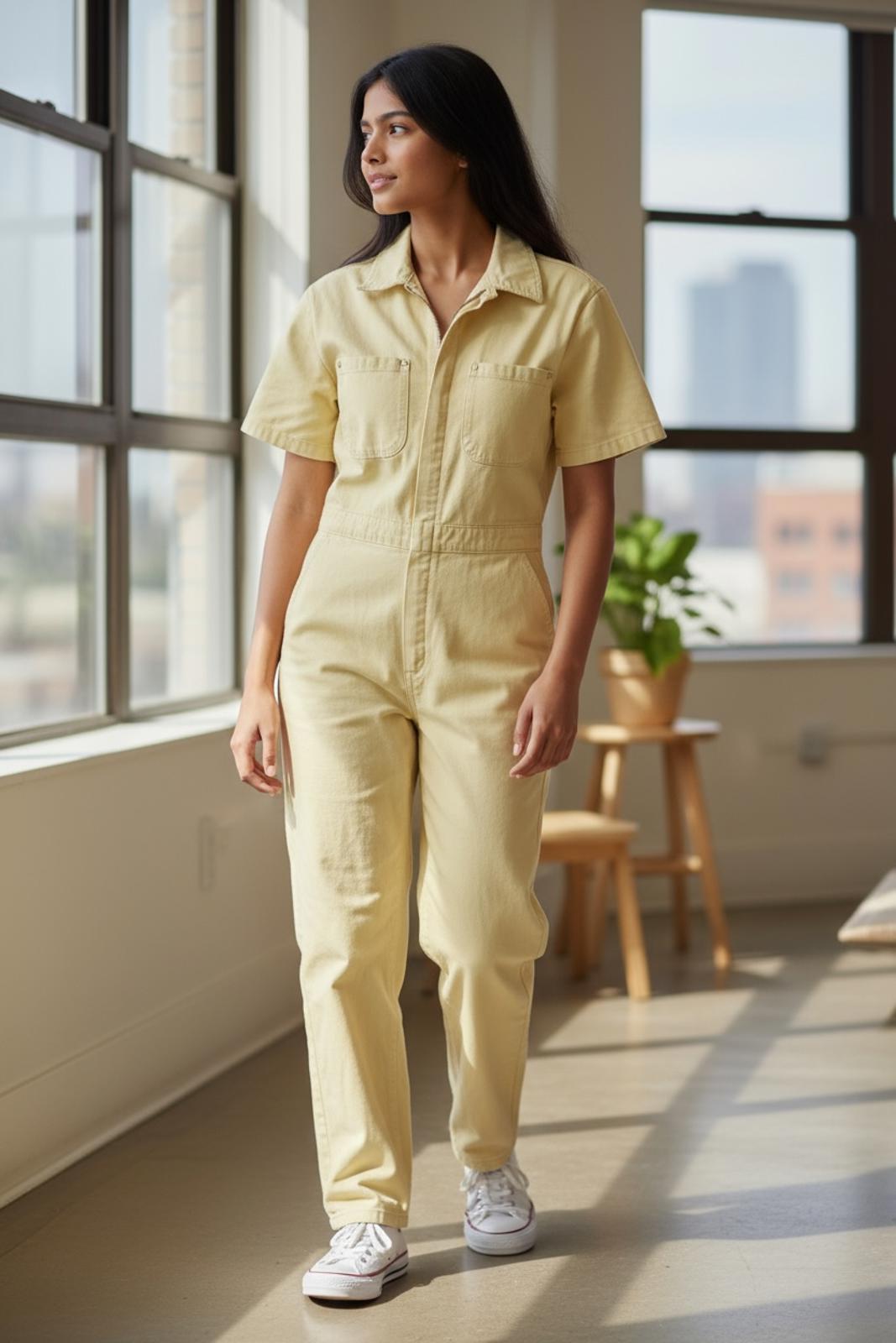 Everlane Short Sleeve Utility Jumpsuit in Buttercream Minimalist Workwear Chic