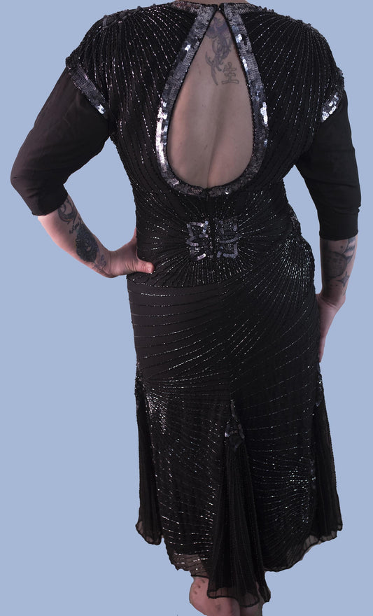 Vintage Nite Line 1980 1990 Della Roufagli Black Beaded Silver Sequin Keyhole Backless Evening Gown Size 14 Cocktail Dress