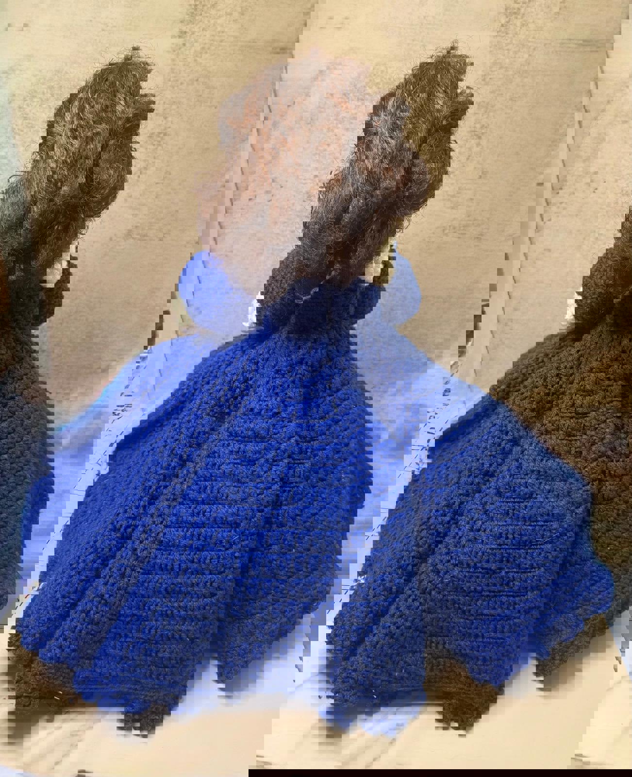 Handmade Doll in Royal Blue Crochet Gown – Statement Hair, Staring Contest Champion