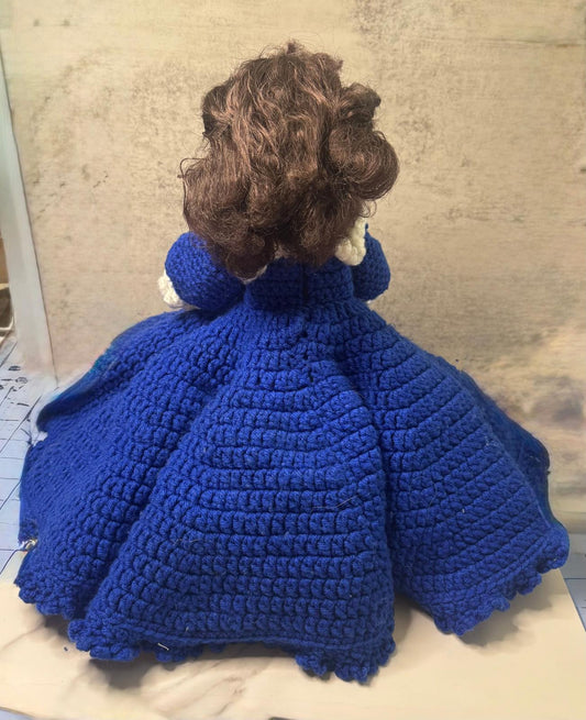 Handmade Doll in Royal Blue Crochet Gown – Statement Hair, Staring Contest Champion