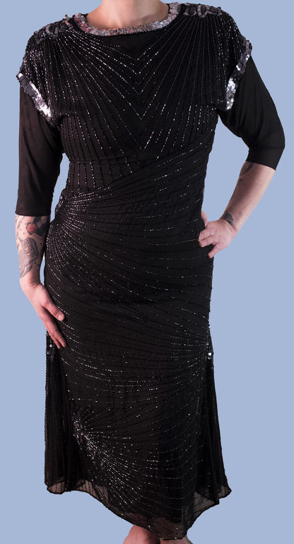 Vintage Nite Line 1980 1990 Della Roufagli Black Beaded Silver Sequin Keyhole Backless Evening Gown Size 14 Cocktail Dress
