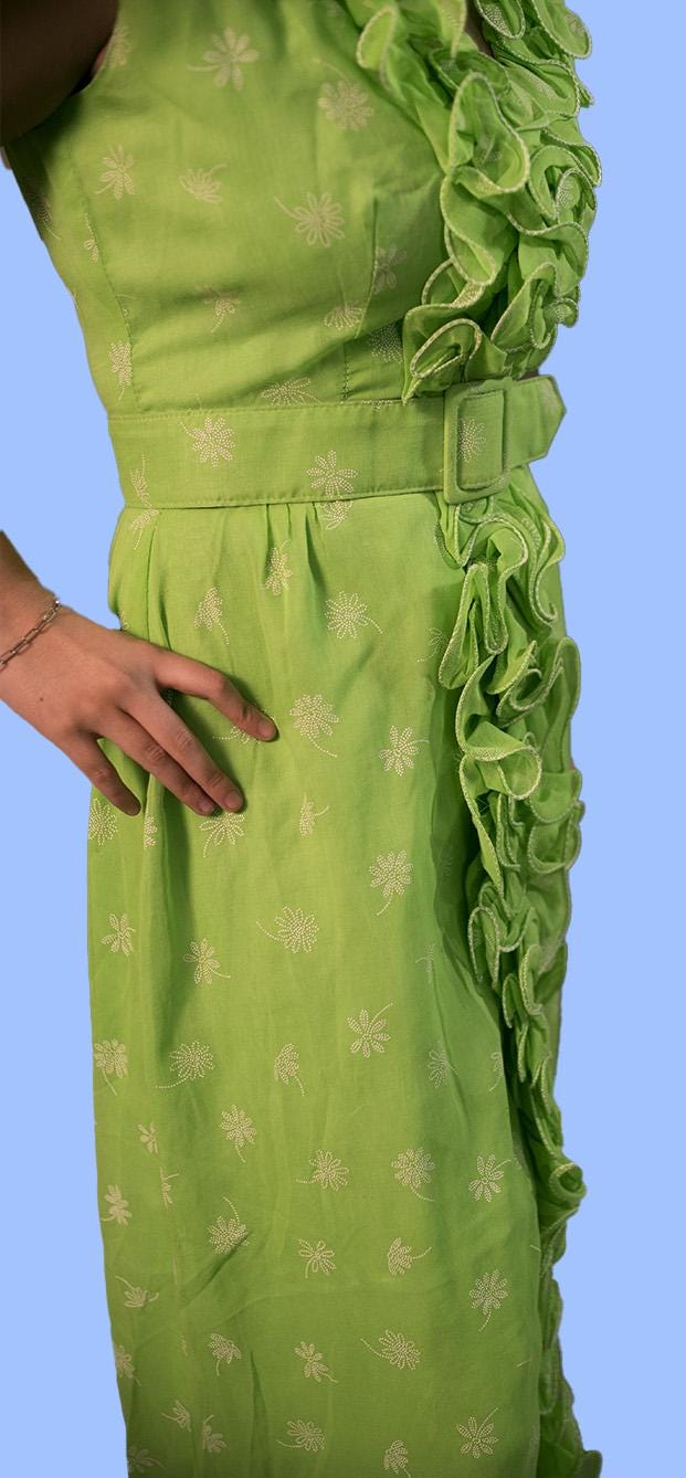 Vibrant Lime Green Full Length Dress White Embroidered Flowers Ruffles Around Collar and Front Spring Wedding Vintage Circa 1960’s 1970’s
