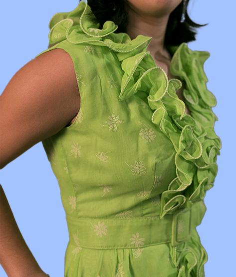 Vibrant Lime Green Full Length Dress White Embroidered Flowers Ruffles Around Collar and Front Spring Wedding Vintage Circa 1960’s 1970’s