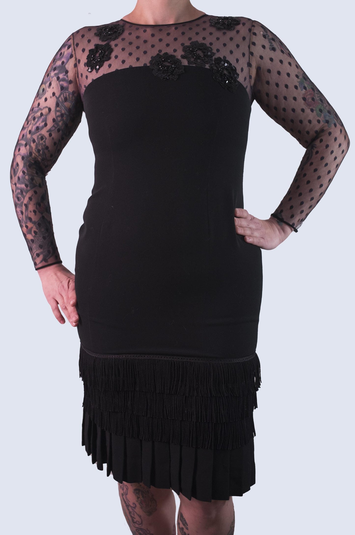 Bill Blass Black Evening Dress Sheer Polka Dot Sleeves Fringe Detail Sequin Accents Cocktail Black Skirt Knee Length Vintage Size 12