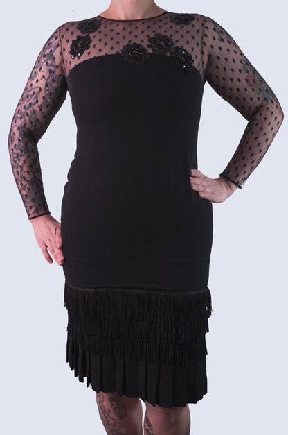 Bill Blass Black Evening Dress Sheer Polka Dot Sleeves Fringe Detail Sequin Accents Cocktail Black Skirt Knee Length Vintage Size 12