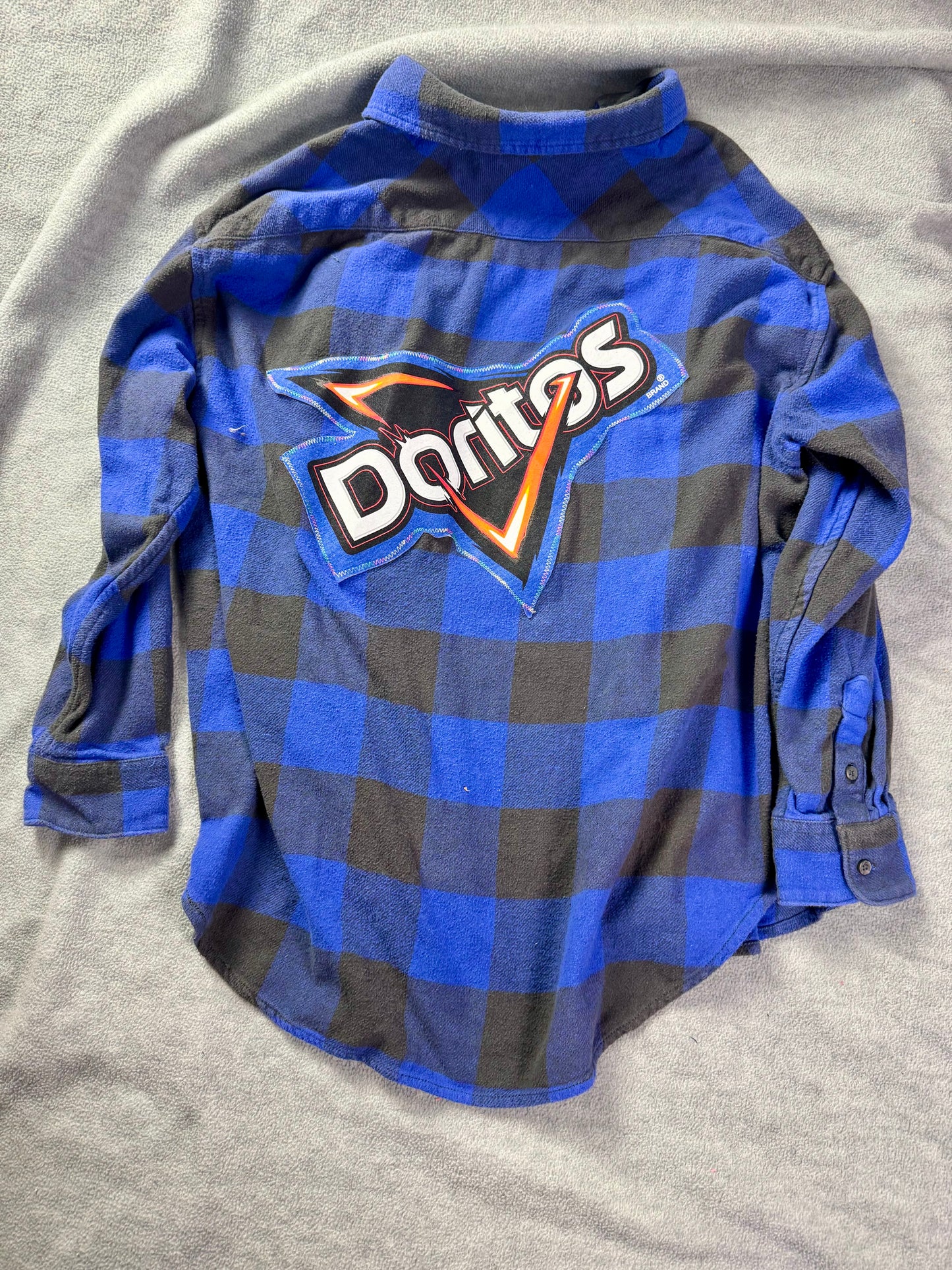 april 25th flannels doritos patch blue plaid upcycled shirt M Y2k grunge punk