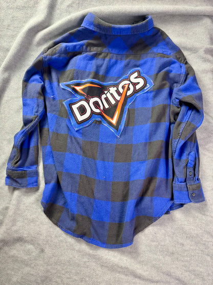 april 25th flannels doritos patch blue plaid upcycled shirt M Y2k grunge punk