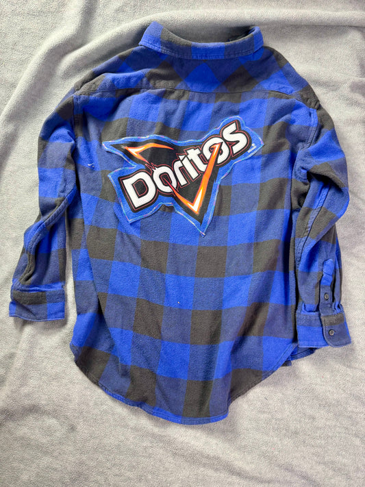 april 25th flannels doritos patch blue plaid upcycled shirt M Y2k grunge punk