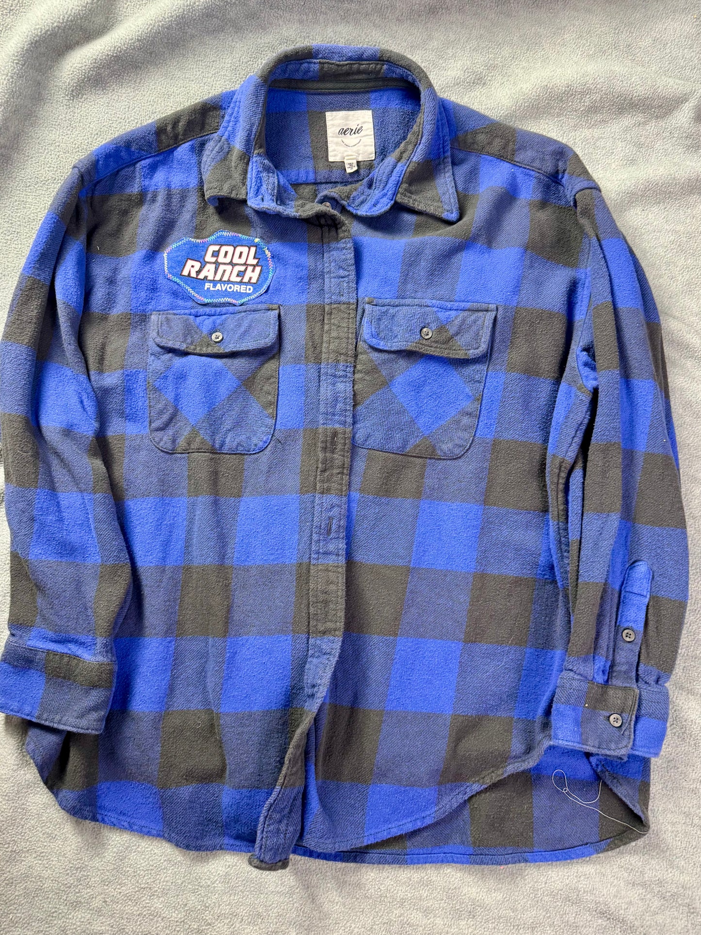 april 25th flannels doritos patch blue plaid upcycled shirt M Y2k grunge punk