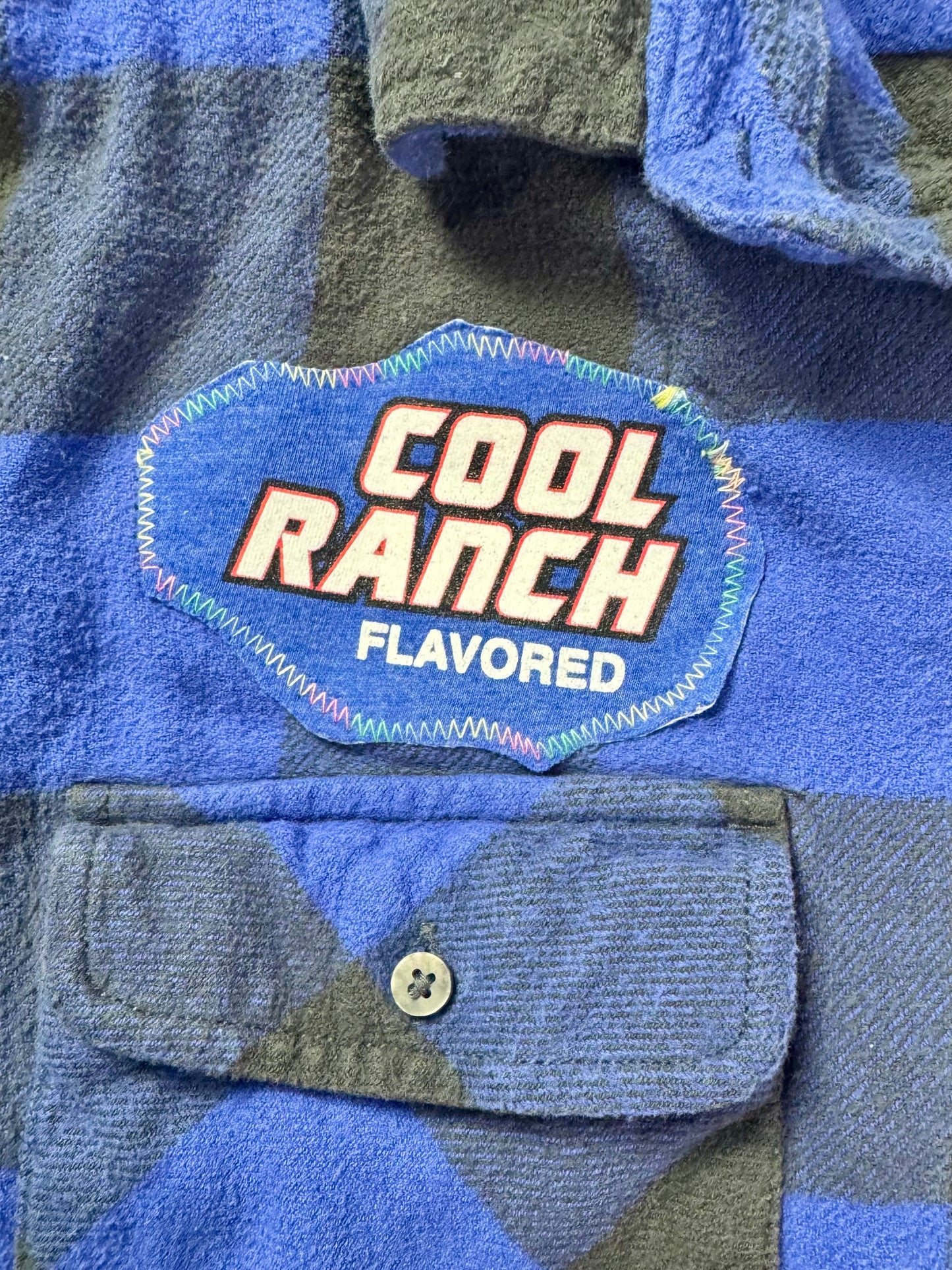 april 25th flannels doritos patch blue plaid upcycled shirt M Y2k grunge punk