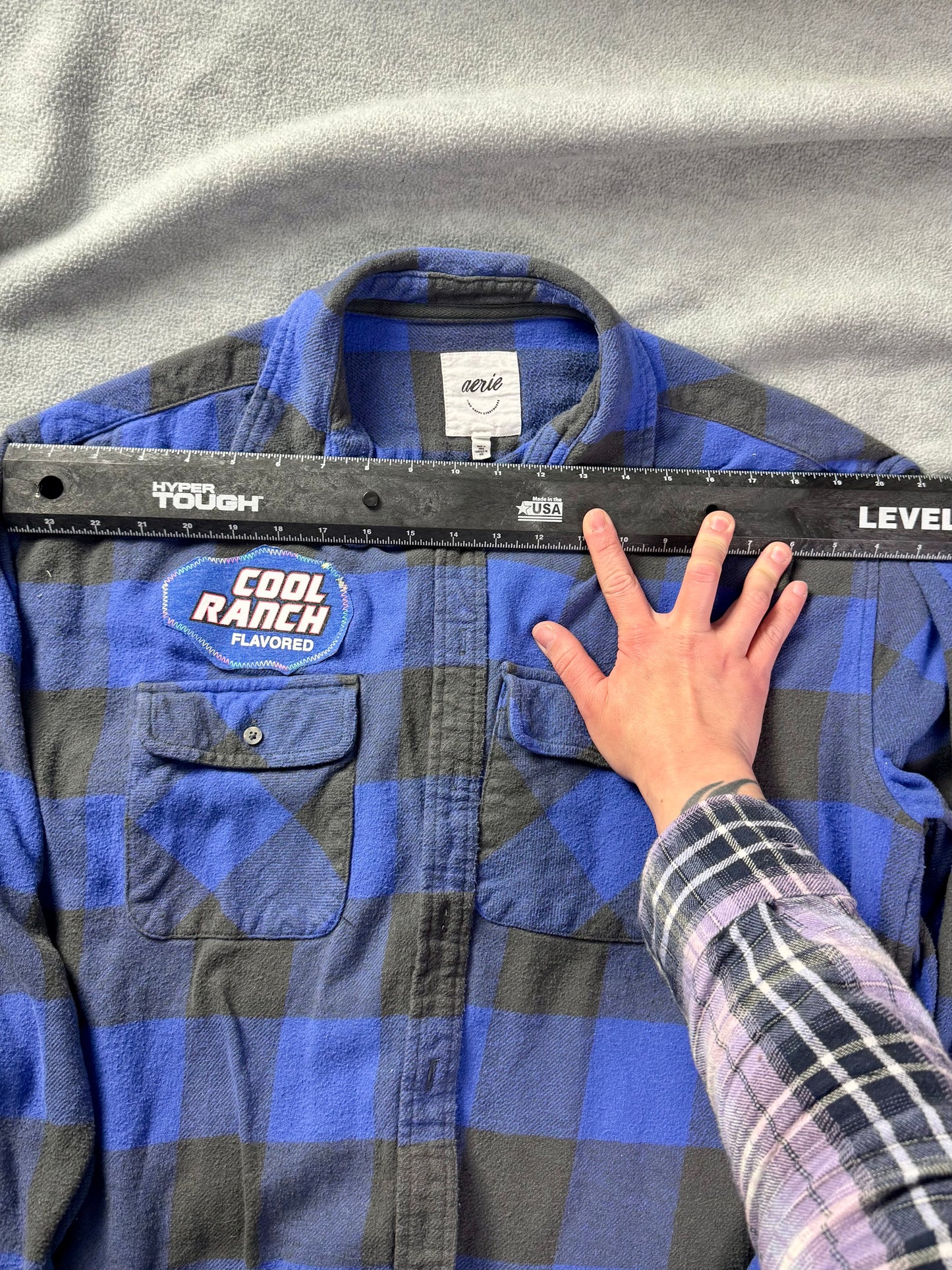april 25th flannels doritos patch blue plaid upcycled shirt M Y2k grunge punk