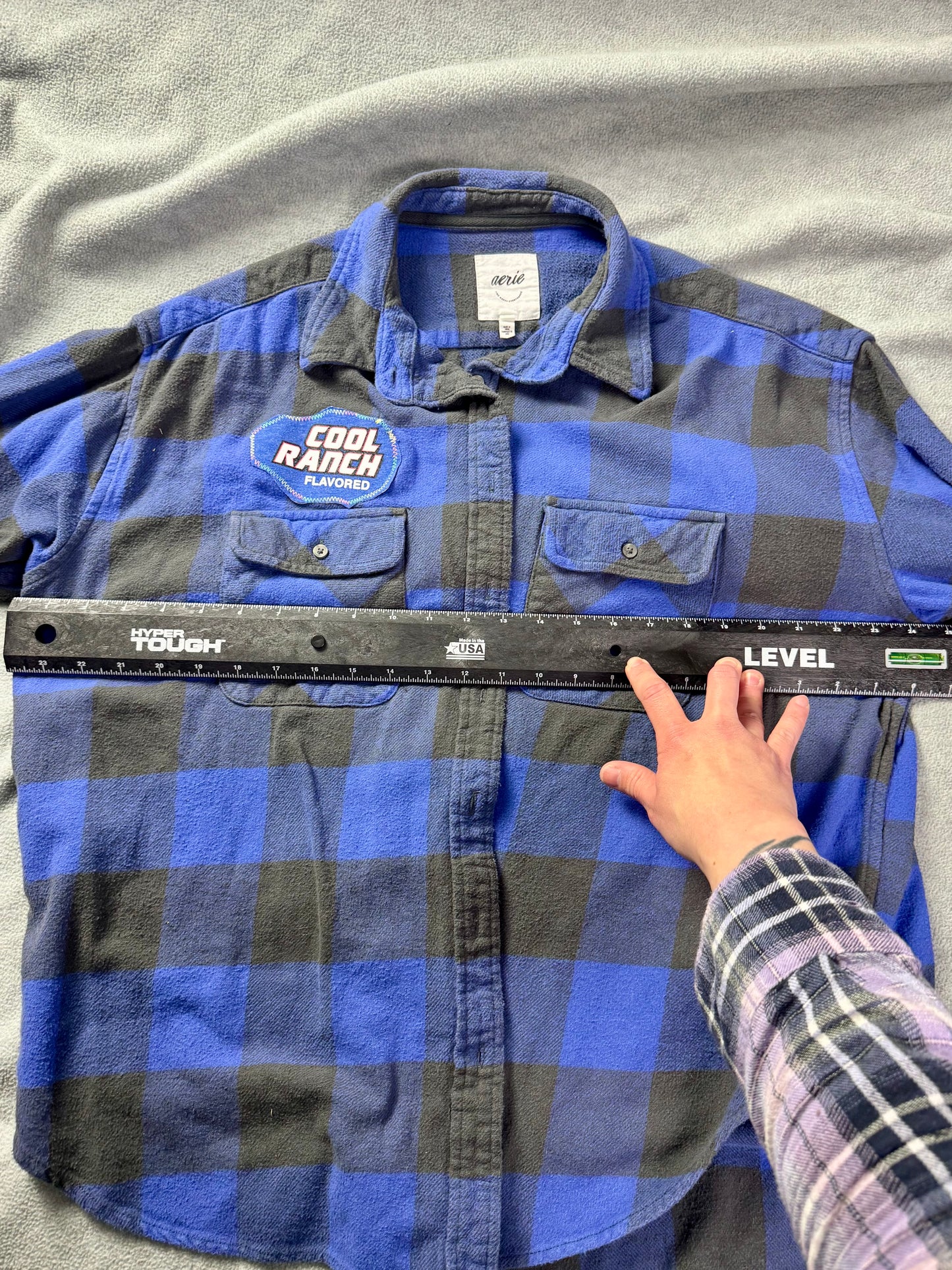 april 25th flannels doritos patch blue plaid upcycled shirt M Y2k grunge punk
