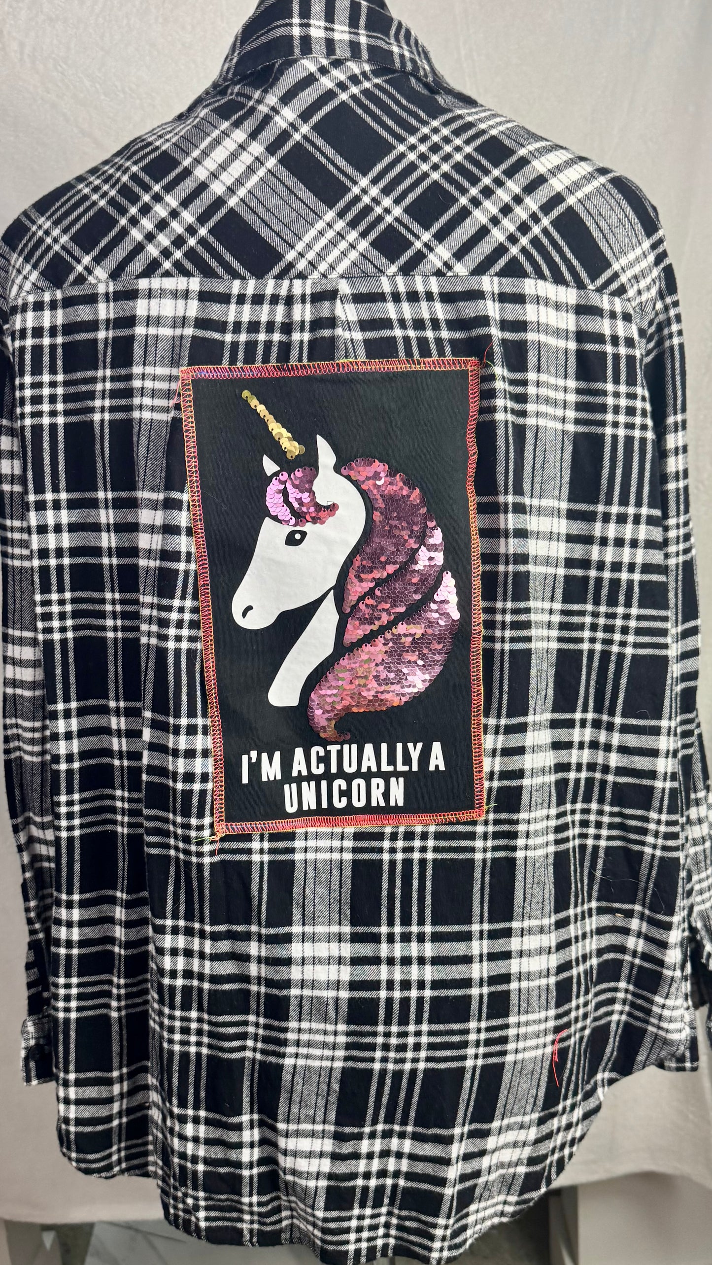 April 25th Flannels – “I’m Actually a Unicorn”  Upcycled Plaid One of one Unisex