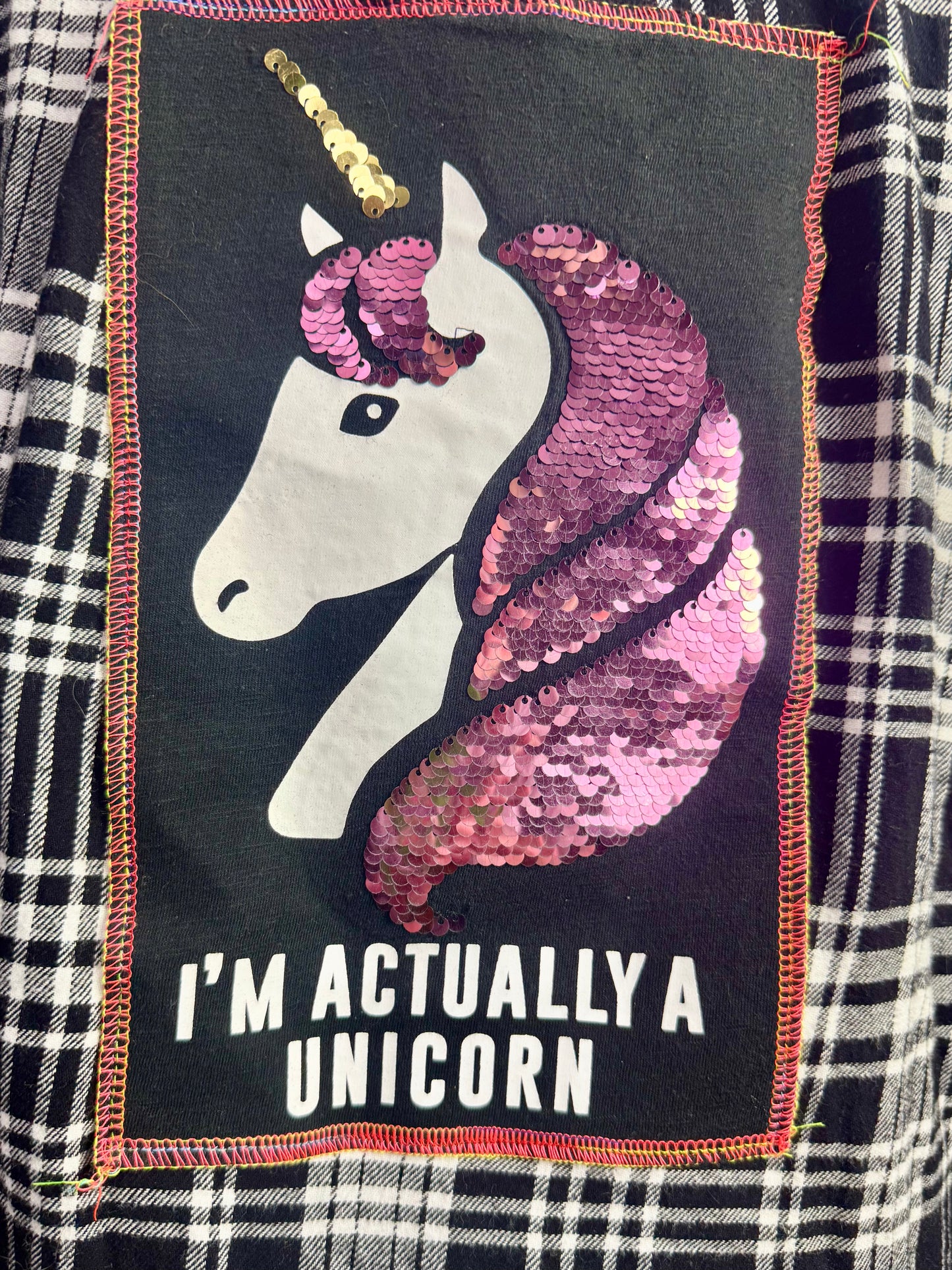 April 25th Flannels – “I’m Actually a Unicorn”  Upcycled Plaid One of one Unisex
