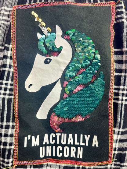 April 25th Flannels – “I’m Actually a Unicorn”  Upcycled Plaid One of one Unisex