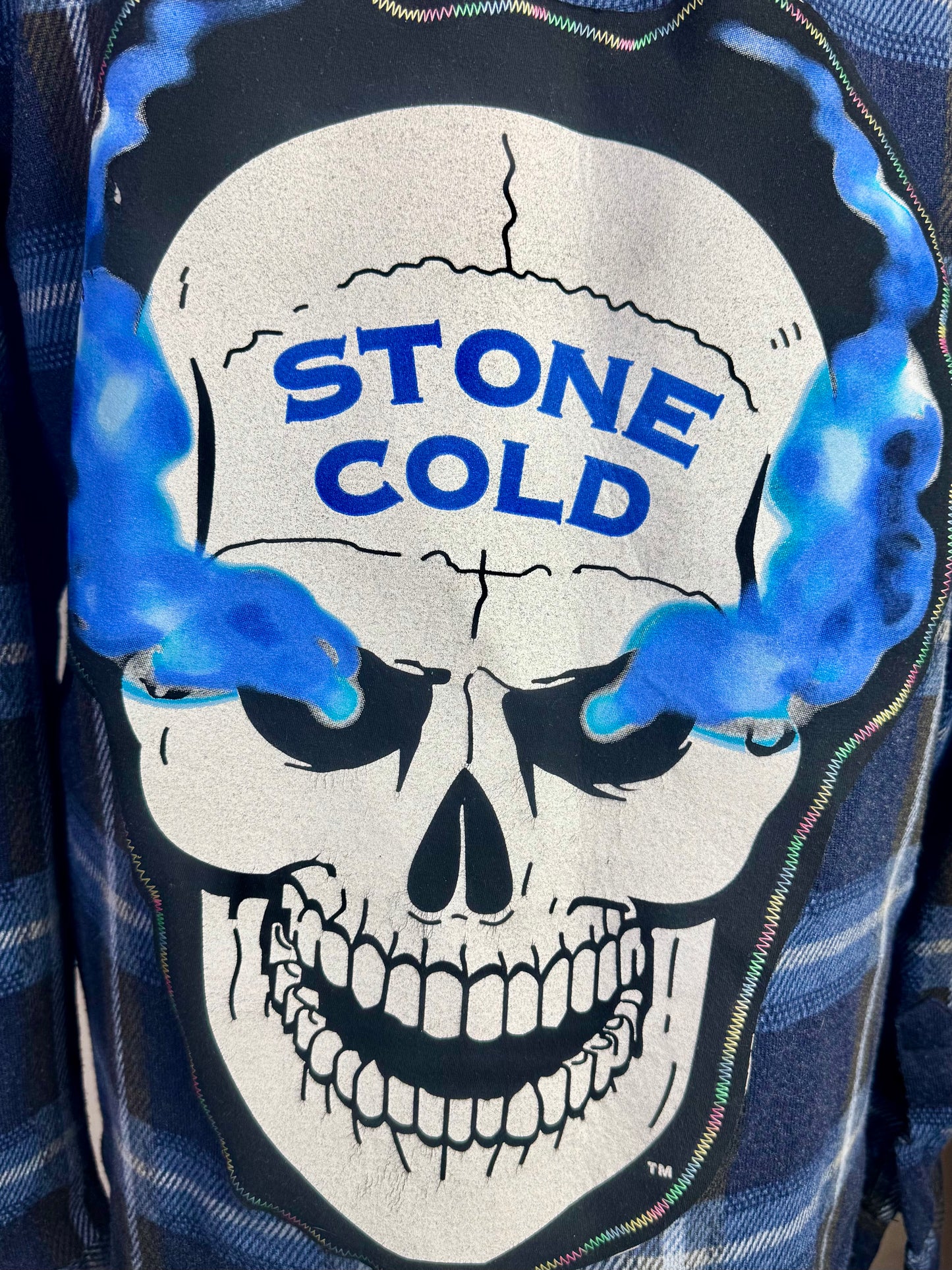 eighth avenue blue plaid flannel shirt jacket stone cold steve austin skull wwe