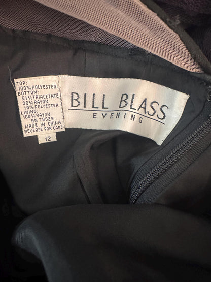 Bill Blass Black Evening Dress Sheer Polka Dot Sleeves Fringe Detail Sequin Accents Cocktail Black Skirt Knee Length Vintage Size 12