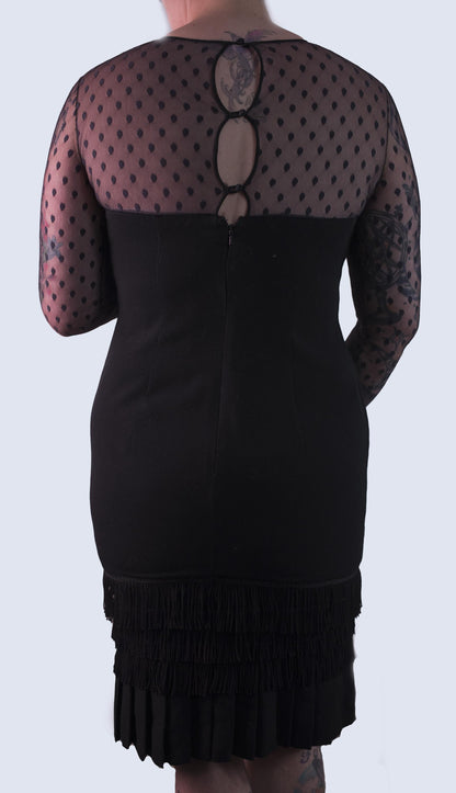 Bill Blass Black Evening Dress Sheer Polka Dot Sleeves Fringe Detail Sequin Accents Cocktail Black Skirt Knee Length Vintage Size 12