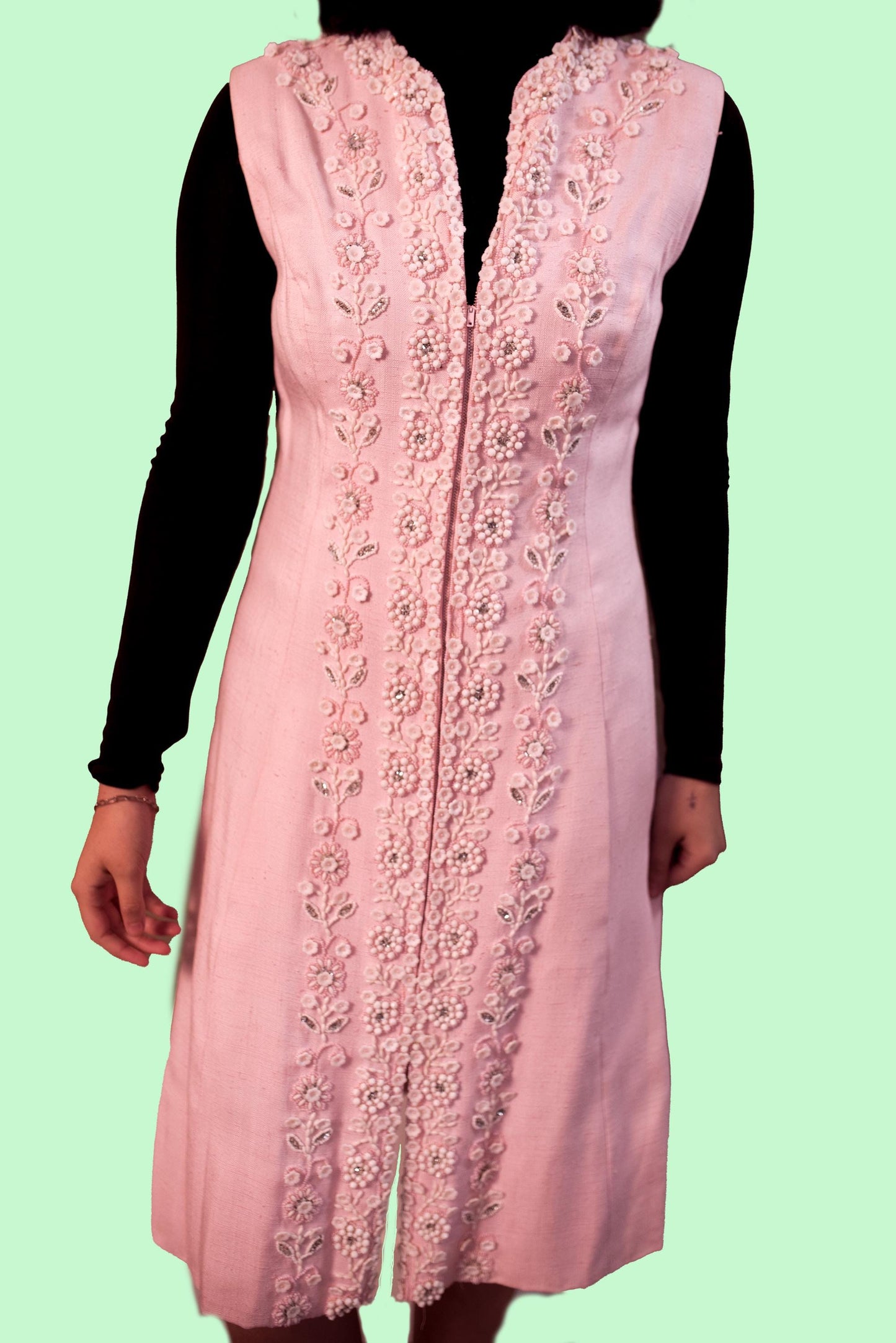 Victoria Royal Limited Pink Hand Beaded Dress RARE Circa 1960’s-1970’s Mid Length Front Zipper Size 12