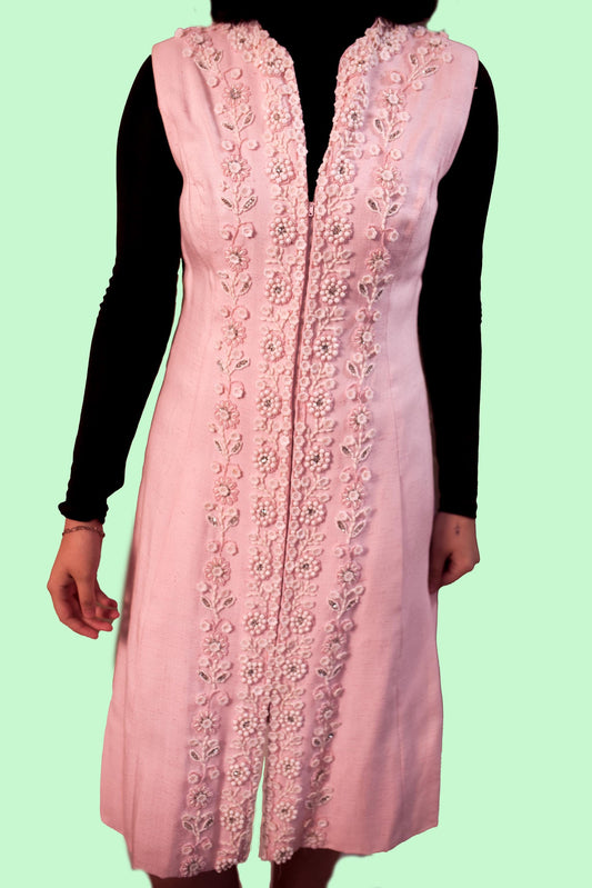 Victoria Royal Limited Pink Hand Beaded Dress RARE Circa 1960’s-1970’s Mid Length Front Zipper Size 12