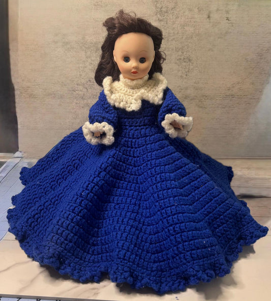 Handmade Doll in Royal Blue Crochet Gown – Statement Hair, Staring Contest Champion